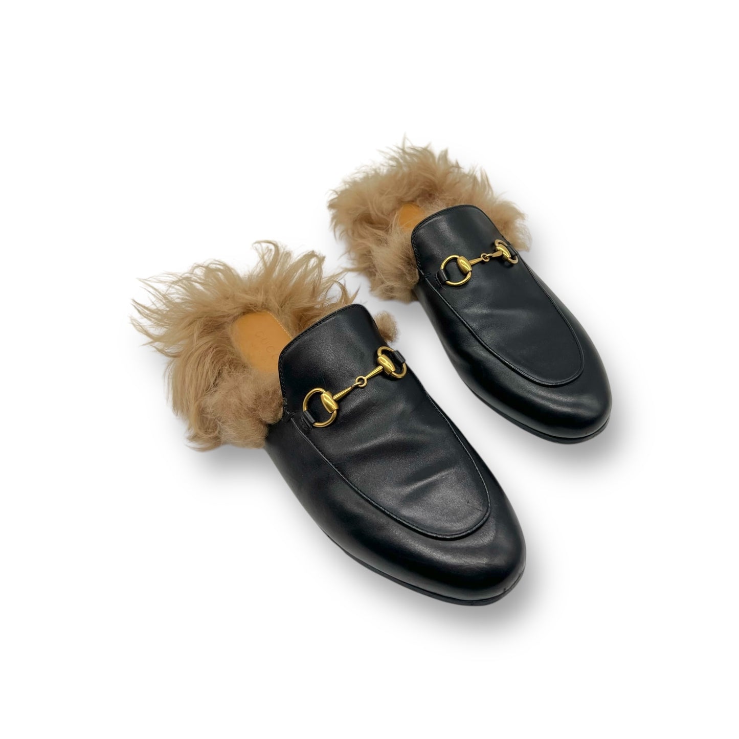 Gucci Black Leather Fur Horsebit Princetown Flat Mules