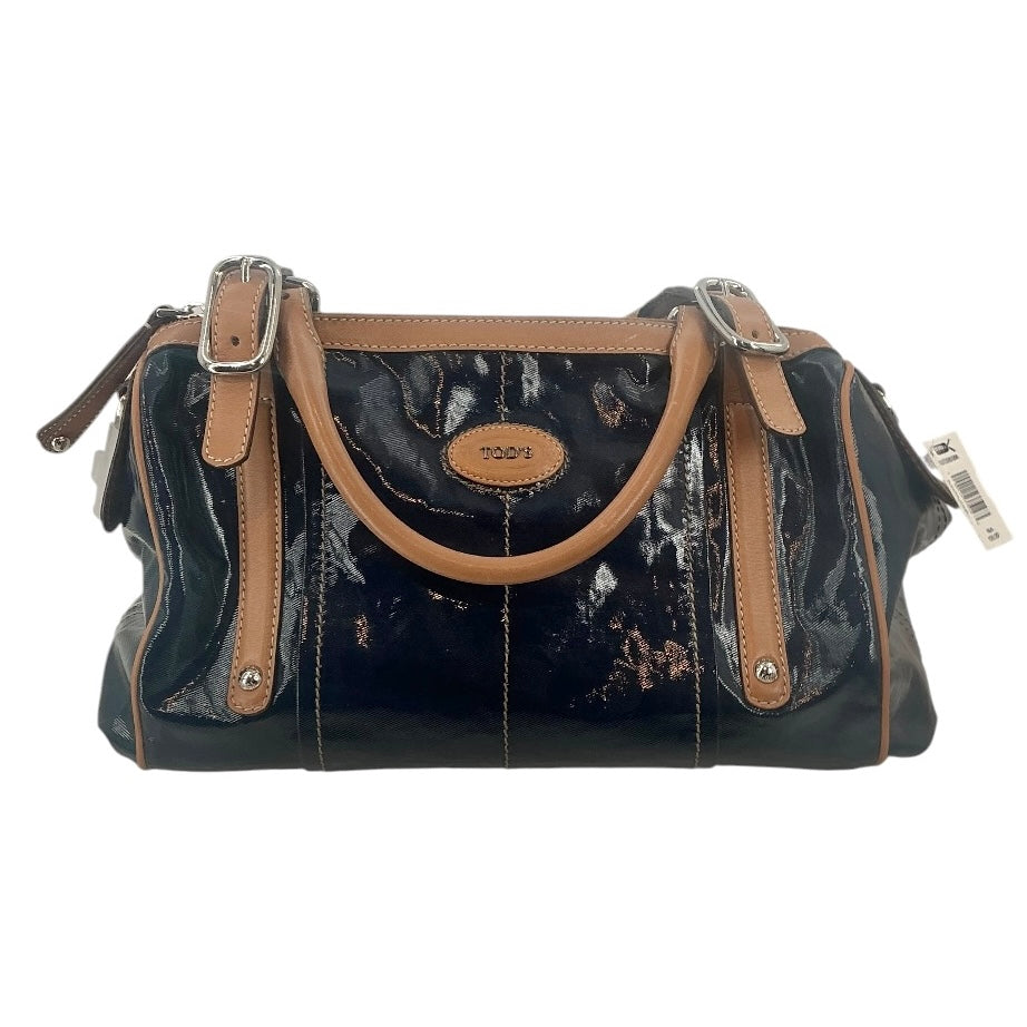TOD’S Black Coated Canvas Satchel with Tan Leather Trim