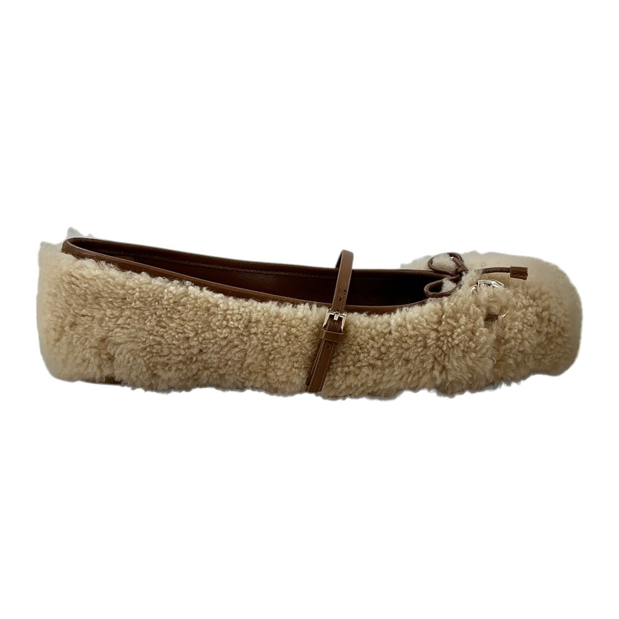 Gucci Horsebit Ballerina Leather-Trimmed Shearling Flats