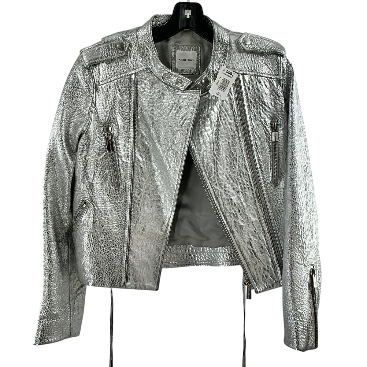 ANINE BING Metallic Silver Crinkled Leather Moto Jacket