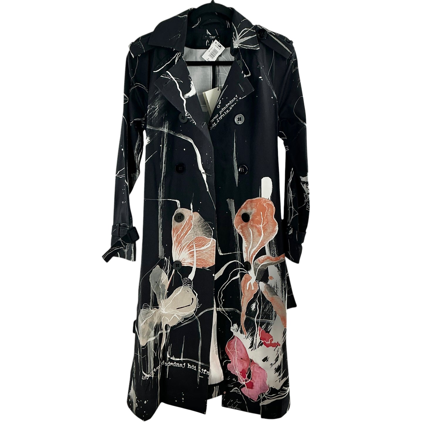 Ivko Abstract Graphic Letter Print Double Breasted Trench Coat Black