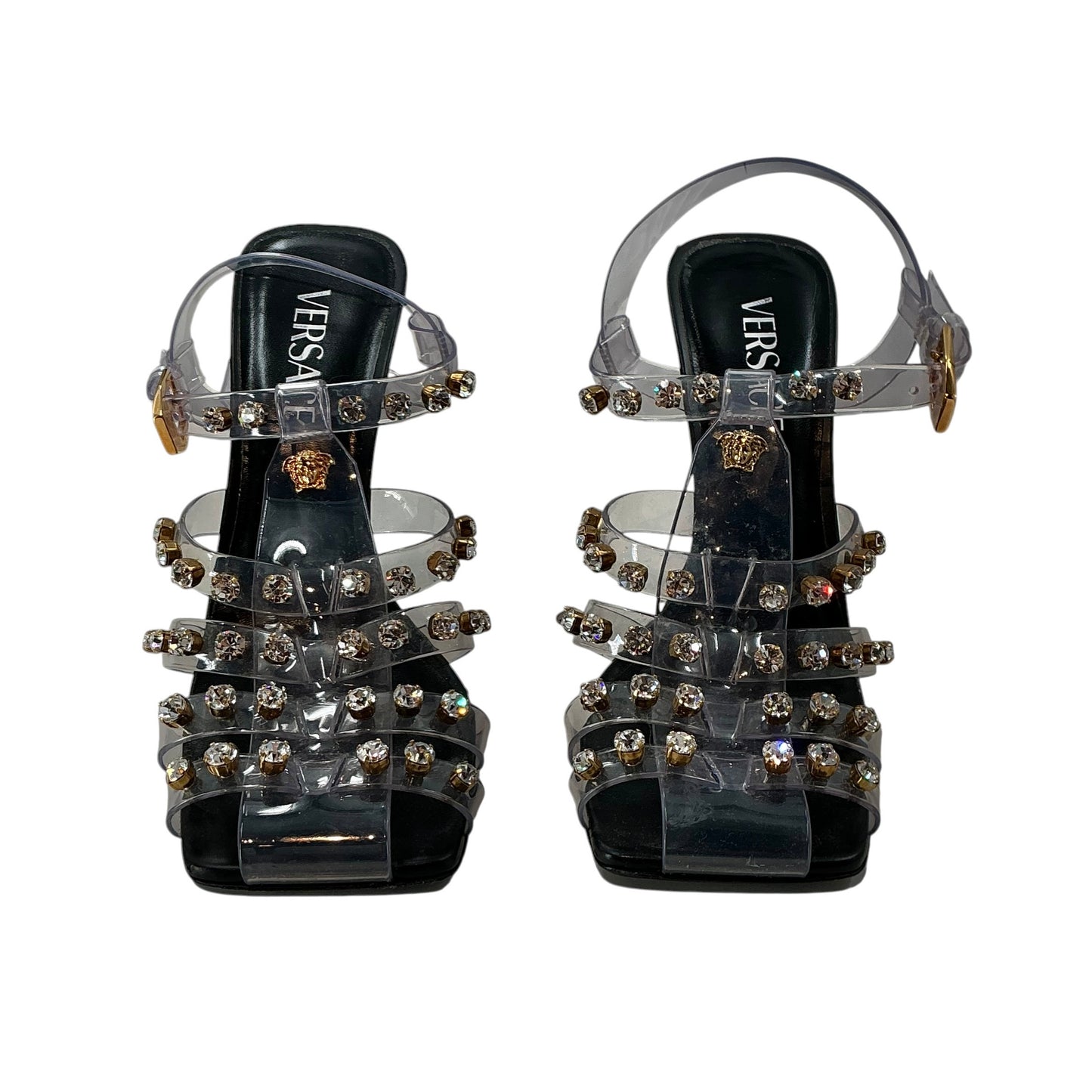 Versace Medusa Embellished Crystal Clear Onix Caged Sandals