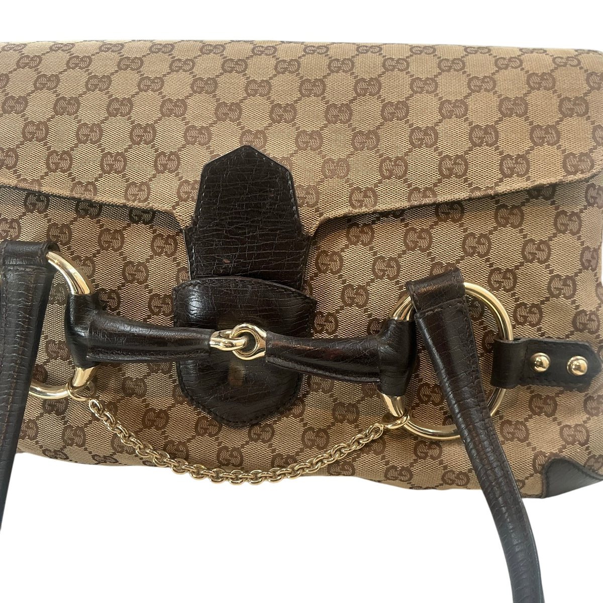 Gucci Tom Ford Era Beige/Ebony GG Canvas Horsebit Chain Flap Shoulder Satchel Bag