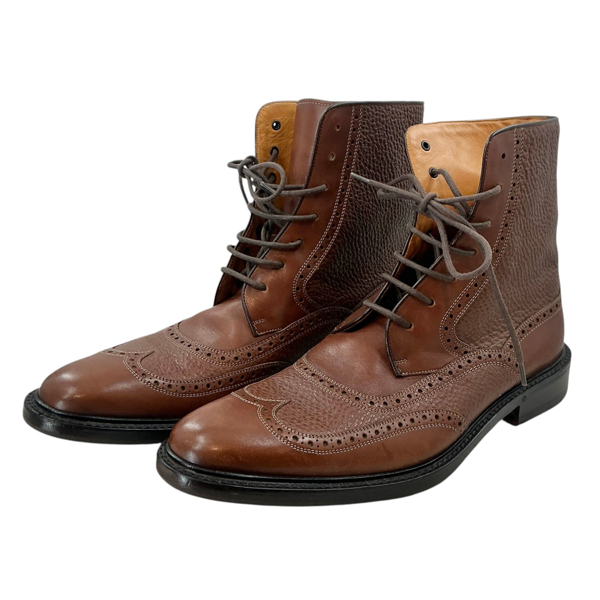 Gucci Men's Tan Brown Pebble Grain Mixed Leather Wingtip Brogue Oxford Lace Up Boots