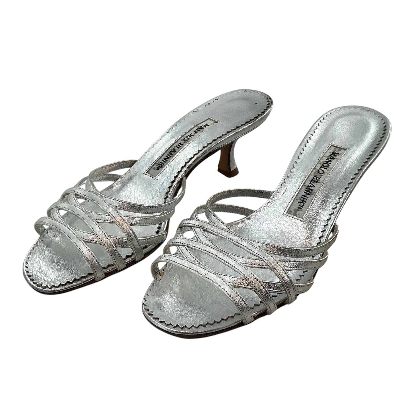 Manolo Blahnik Metallic Silver Multi-Strap Kitten Heel Mules Sandals