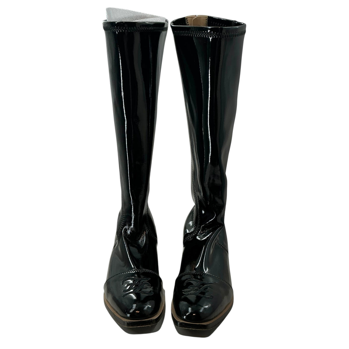 Fendi Black Patent Leather Karligraphy Accent Knee-High Boots