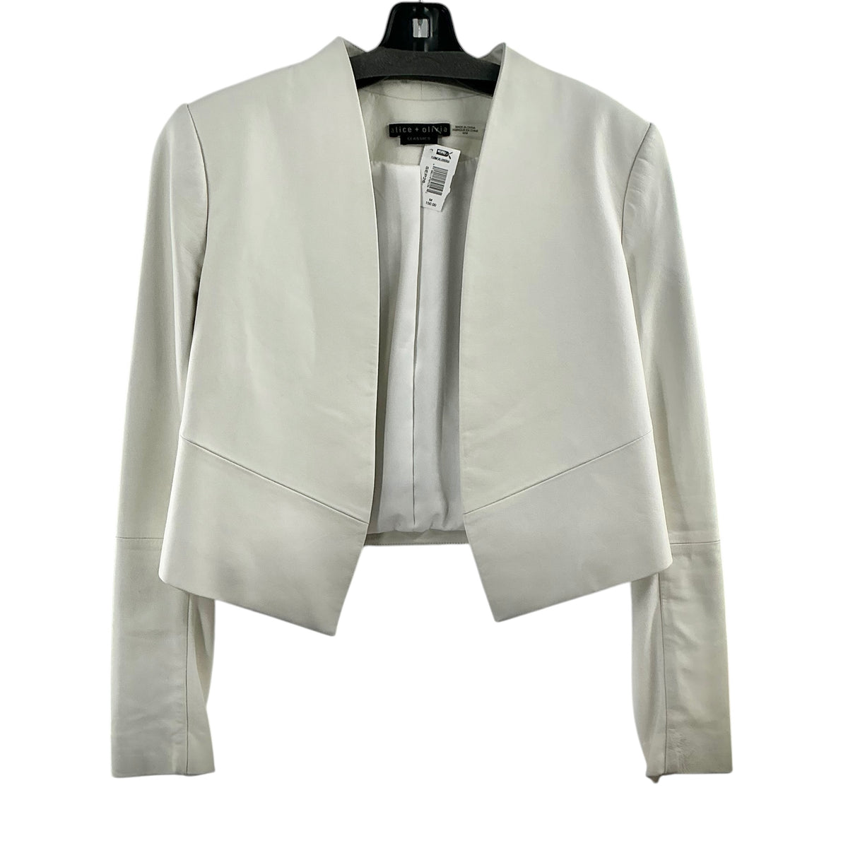 Alice + Olivia Harvey Leather Open-Front Cropped Jacket in White