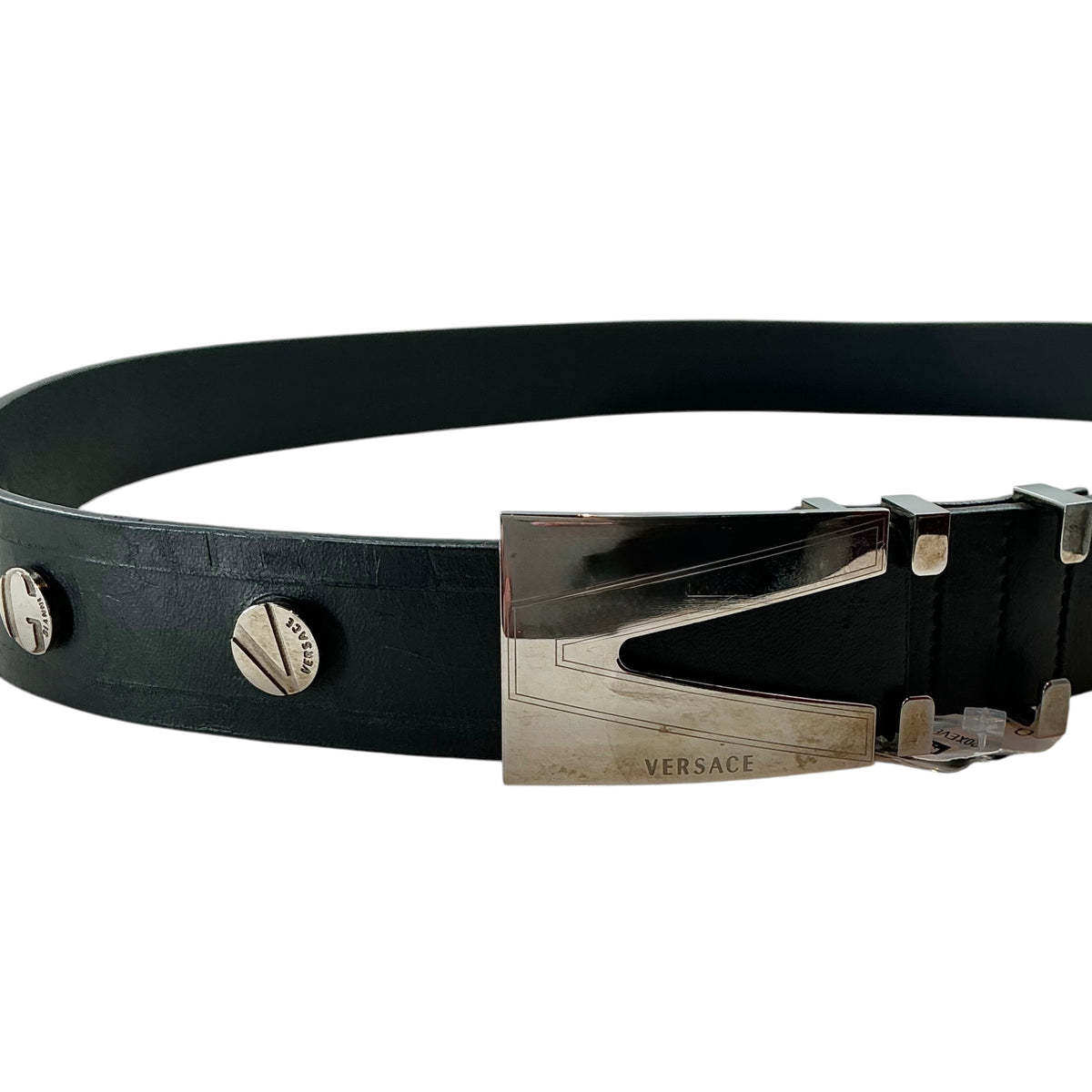 VERSACE Classic Black Leather Belt with Silver V-Logo Buckle