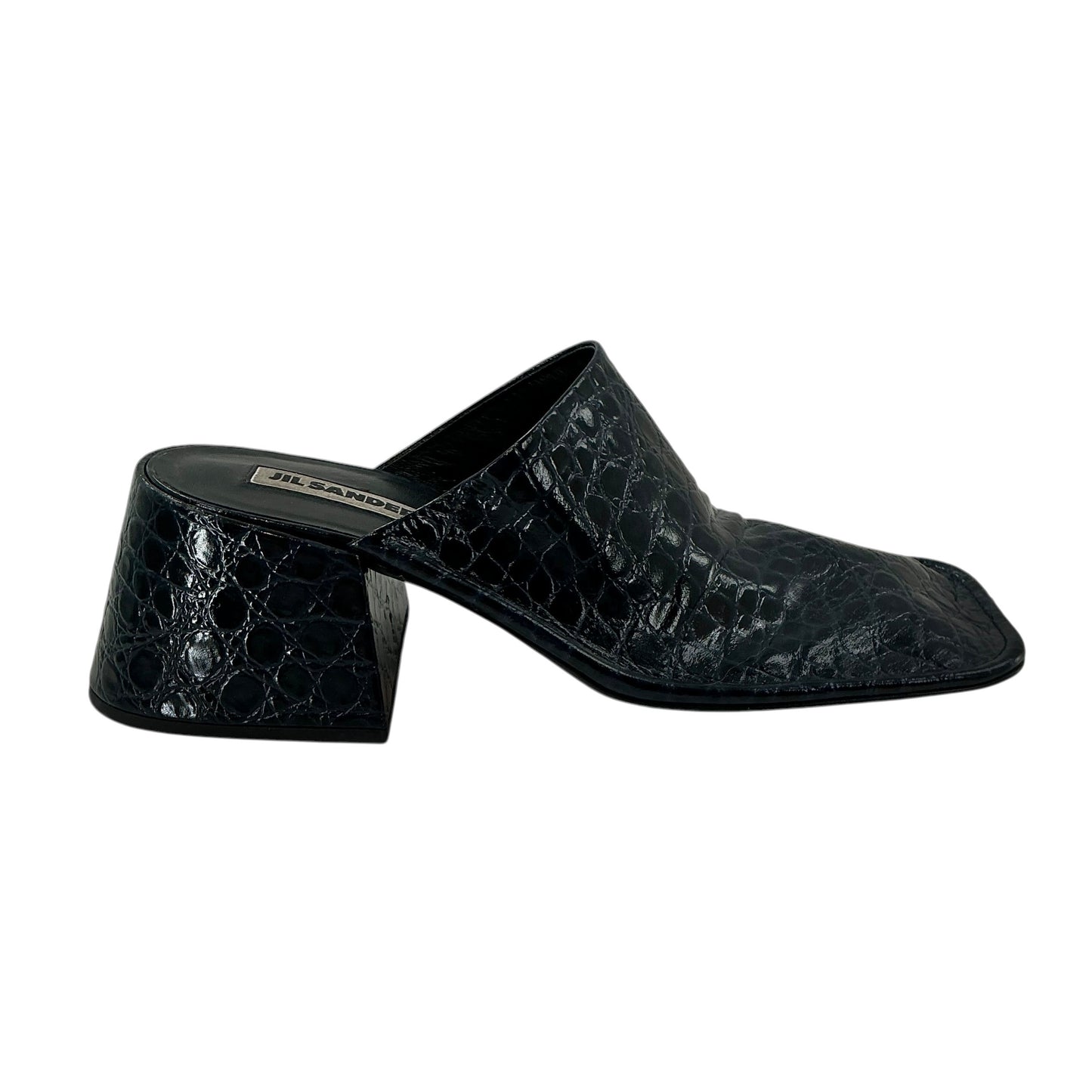 Jil Sander Navy Blue Croc-Embossed Leather Square-Toe Mules