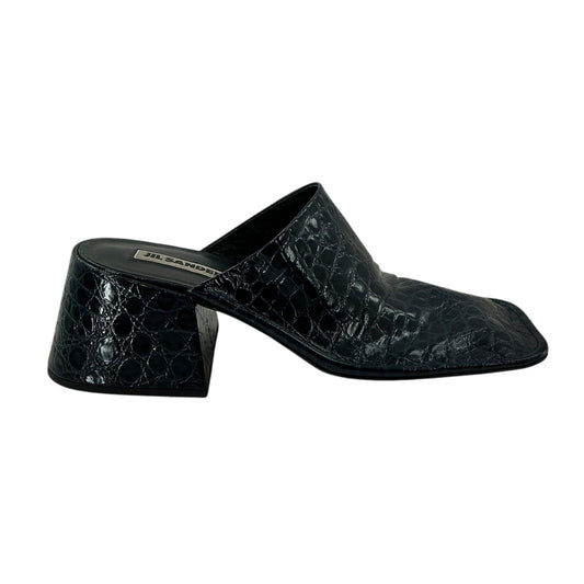 Jil Sander Navy Blue Croc-Embossed Leather Square-Toe Mules