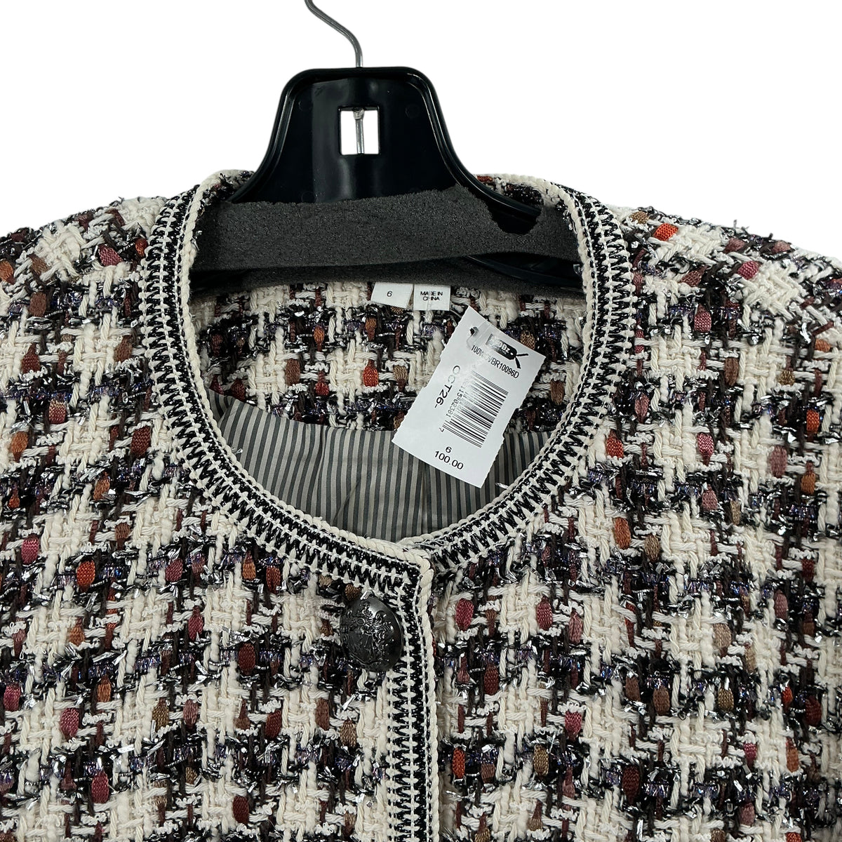 Veronica Beard Cirtane Houndstooth Tweed Cropped Jacket Blazer Neutral Multi