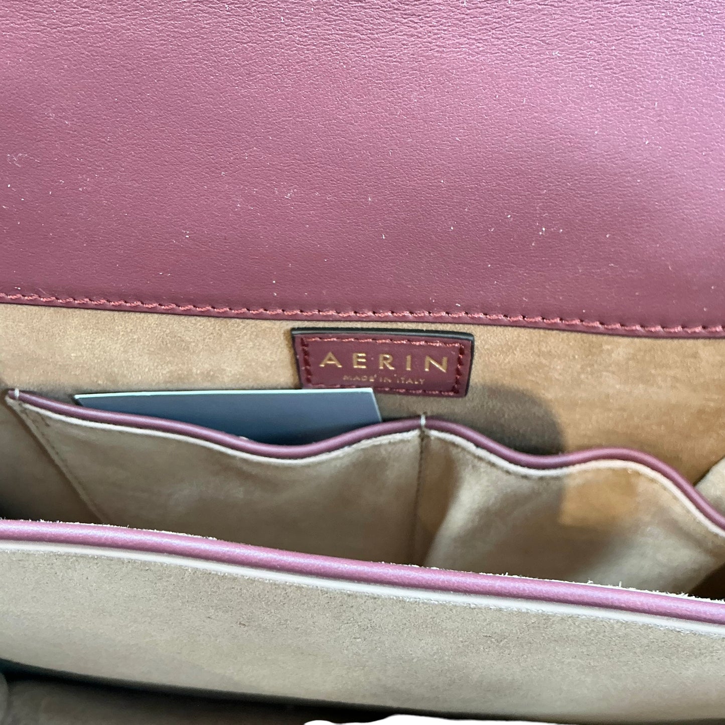 AERIN Burgundy Leather & Suede Convertible Flap Shoulder Bag with Gold Chain