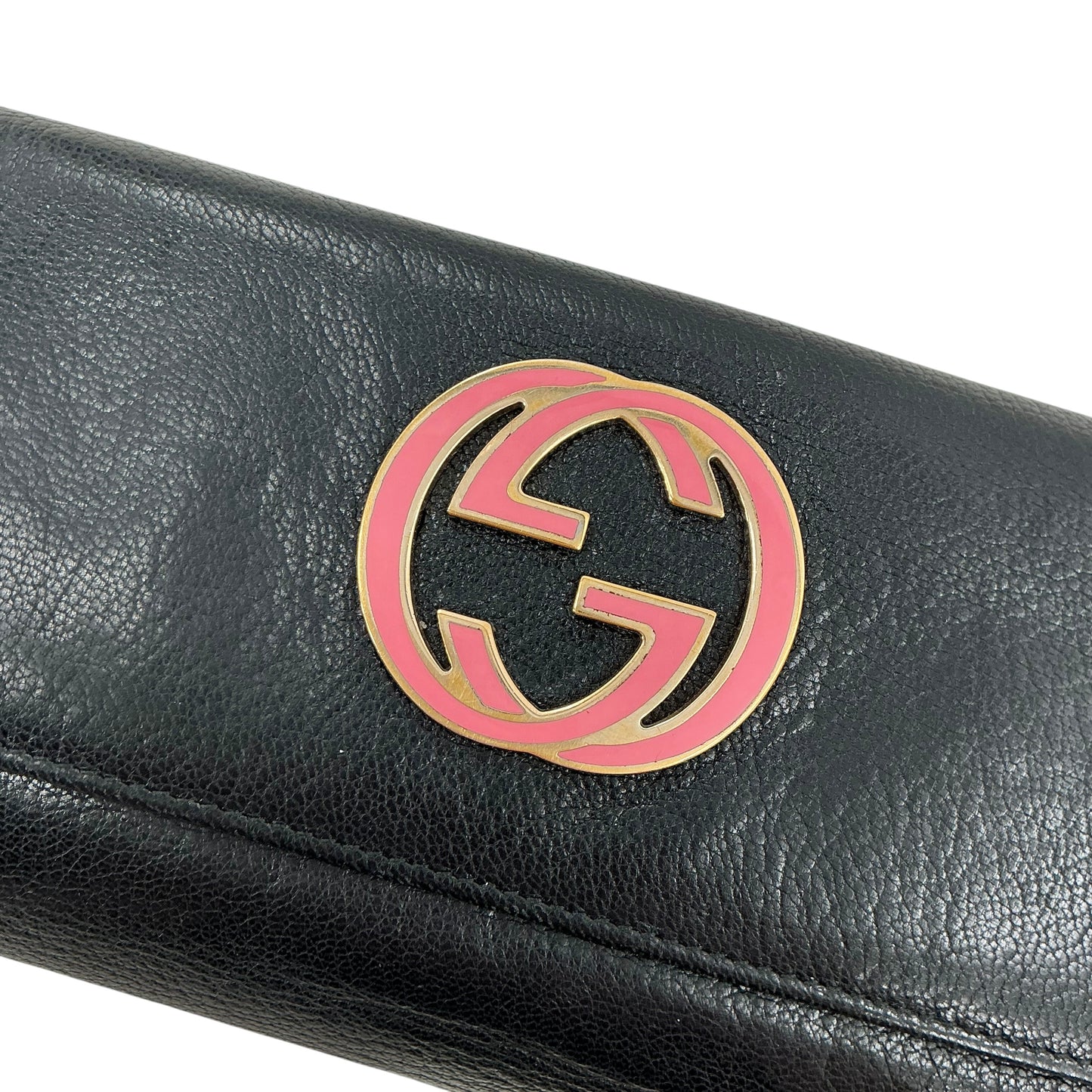 Gucci Vintage Black Pebbled Leather Interlocking G Continental Flap Wallet