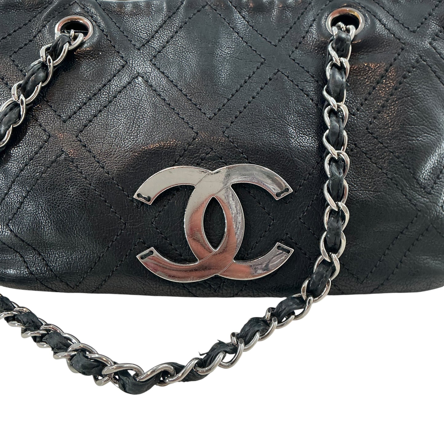 Chanel Vintage Black Quilted Leather Large CC Diamond Stitch Shoulder Bag
