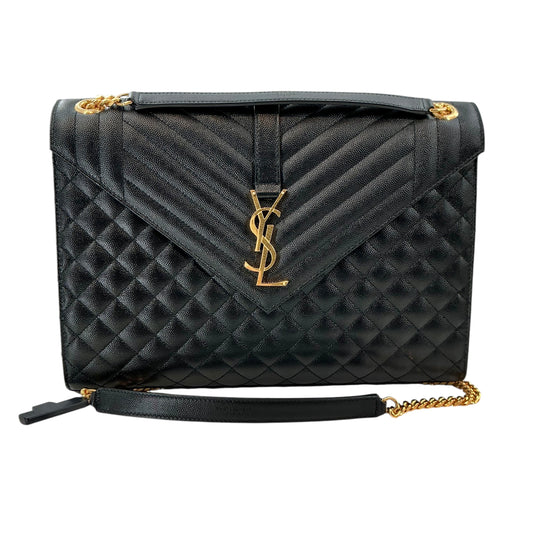 Saint Laurent Large Monogram Envelope Triquilt Satchel Bag – Black Grained Leather with Gold Hardware