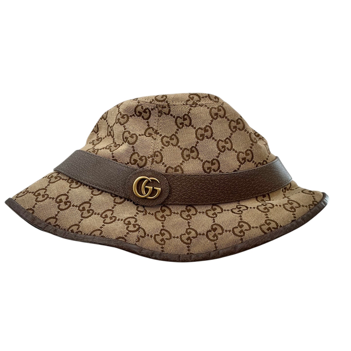 GUCCI Original GG Monogram Canvas Bucket Hat with Leather Trim