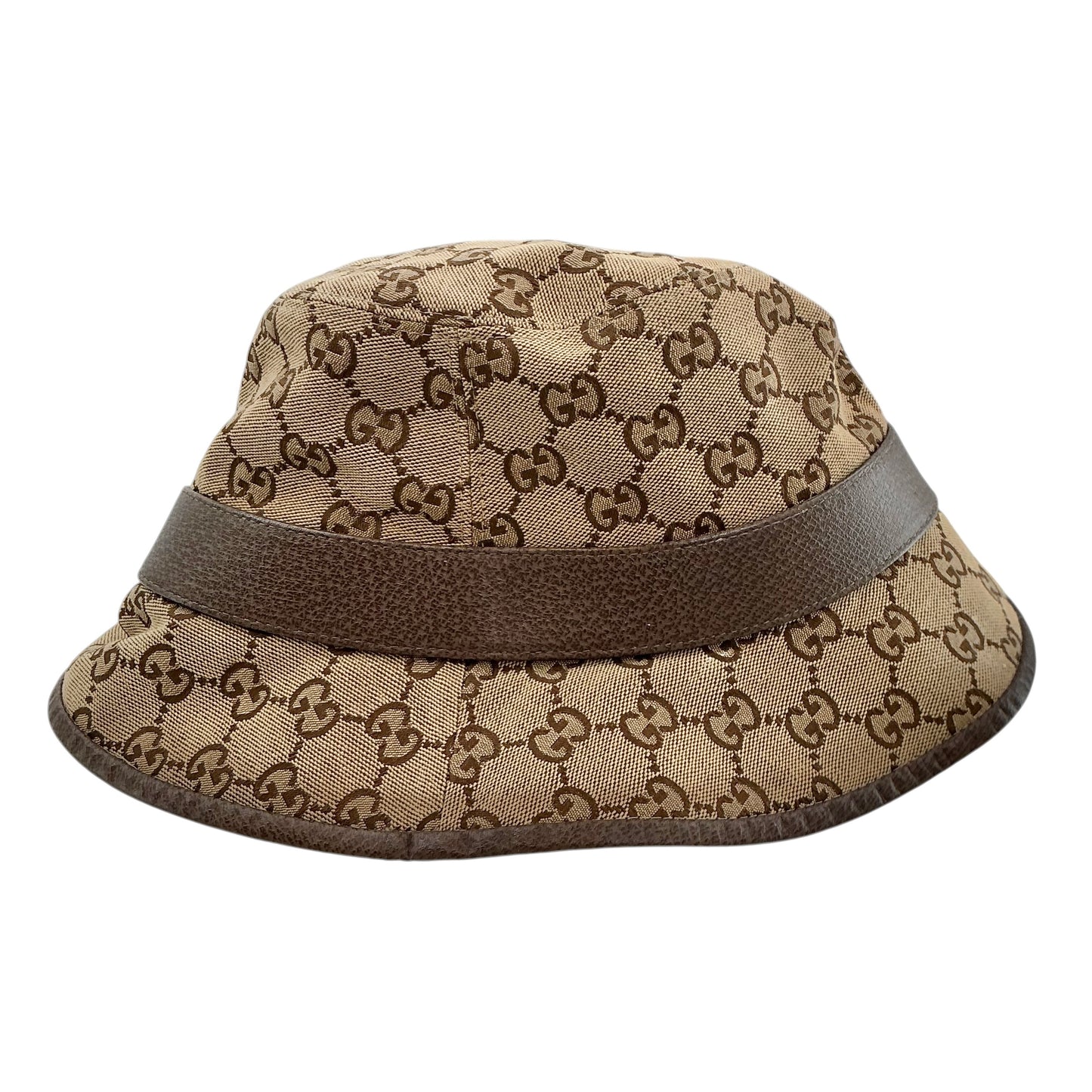 GUCCI Original GG Monogram Canvas Bucket Hat with Leather Trim
