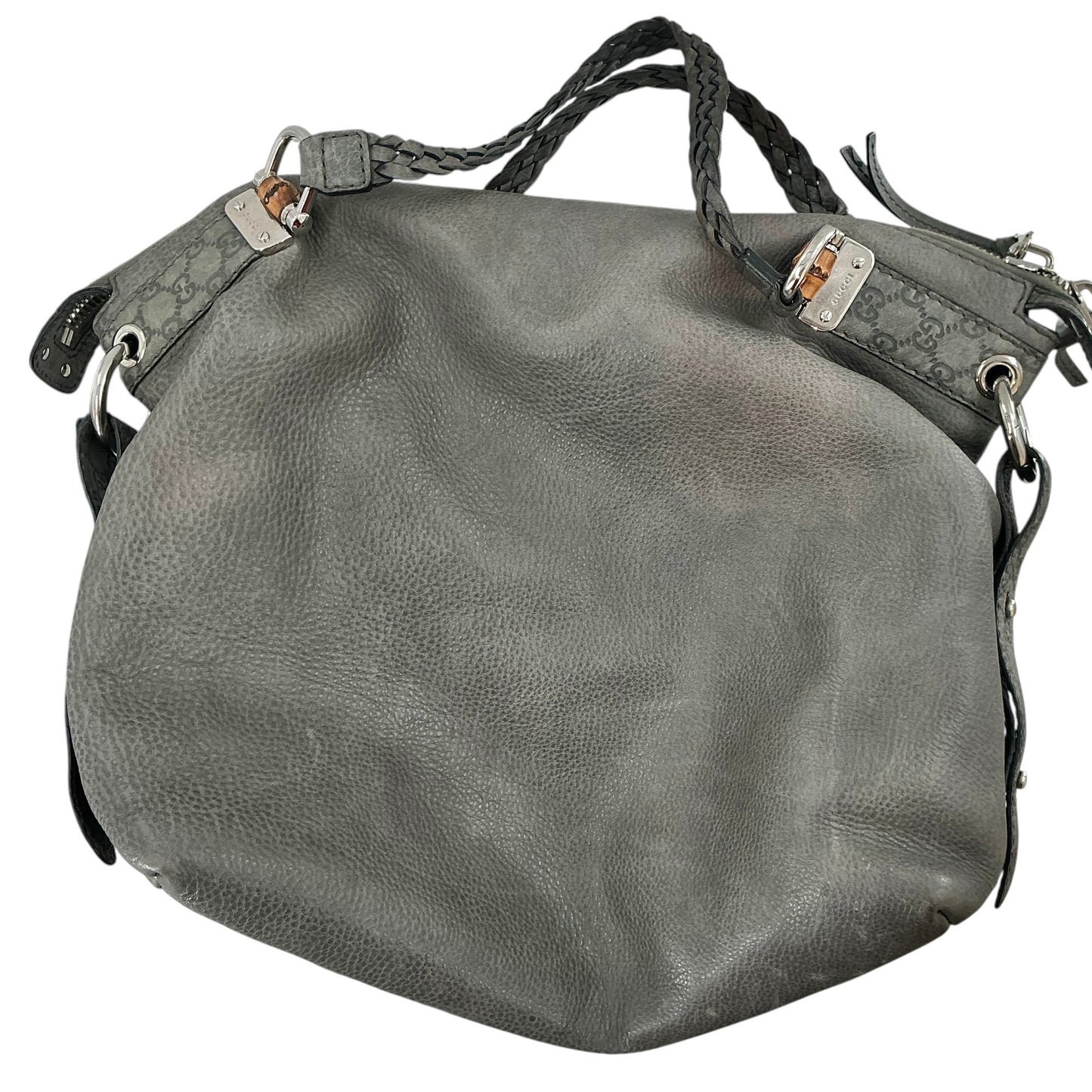 Gucci Grey Leather Bamboo Bar Large Shoulder Bag with Braided Handle