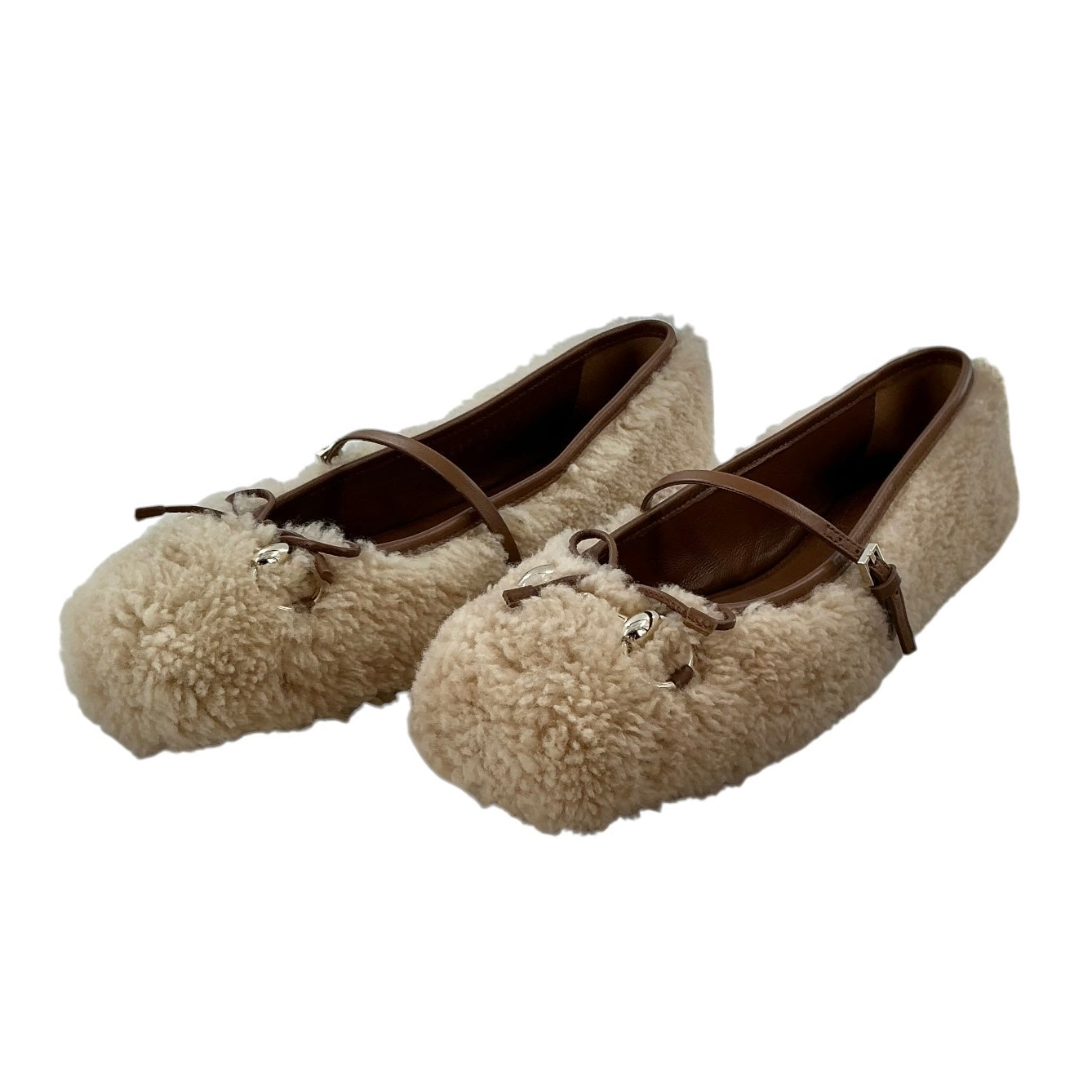 Gucci Horsebit Ballerina Leather-Trimmed Shearling Flats