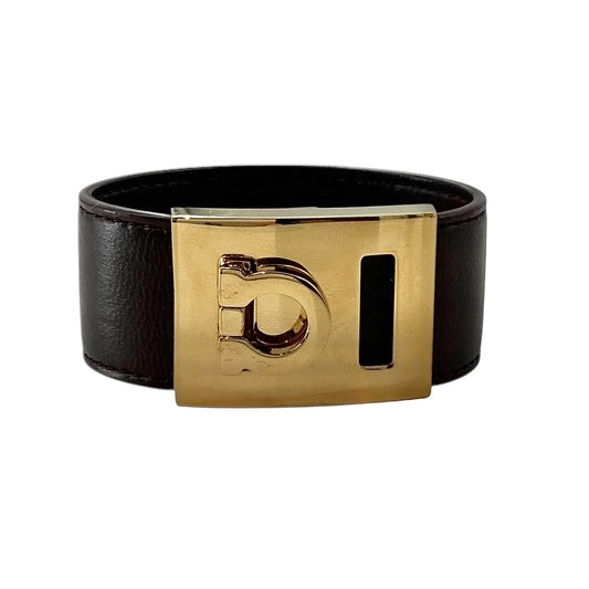 Ferragamo Gancini Wide Dark Burgundy Leather Buckle Cuff Bracelet