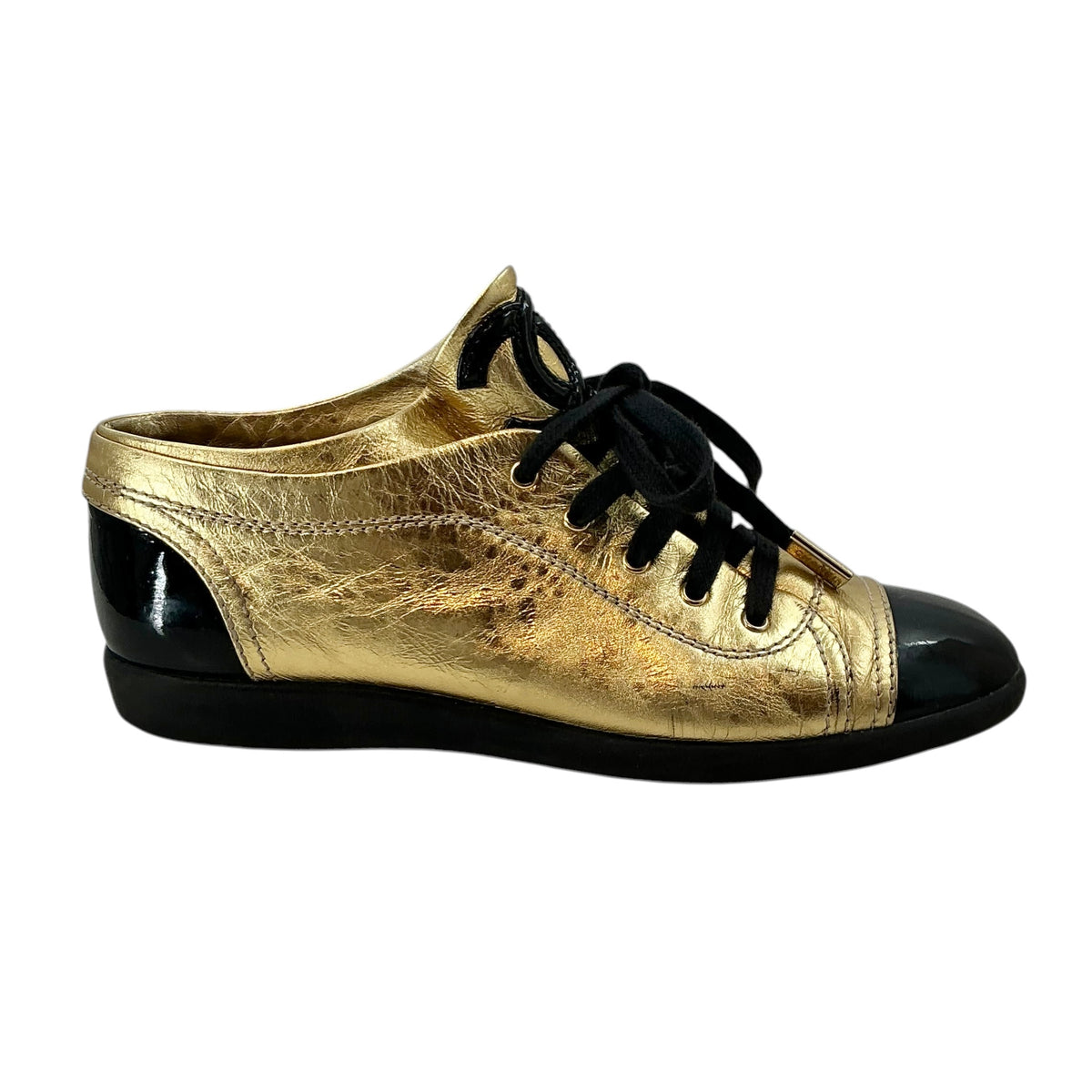 Chanel Vintage Gold Metallic Leather Black Patent Cap Toe Sneakers