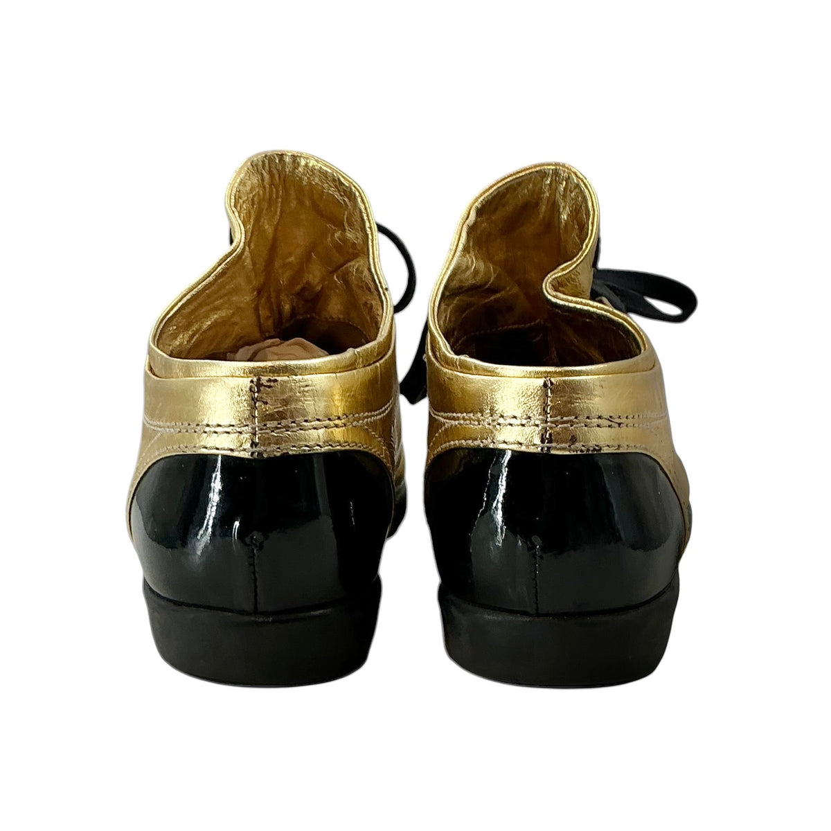Chanel Vintage Gold Metallic Leather Black Patent Cap Toe Sneakers