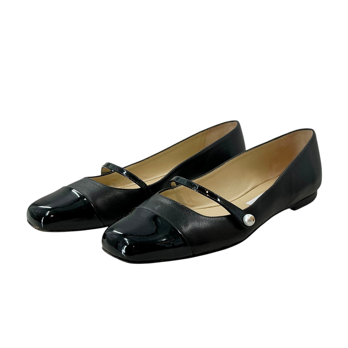Jimmy Choo Elisa Black Leather & Patent Cap-Toe Mary Jane Ballet Flats