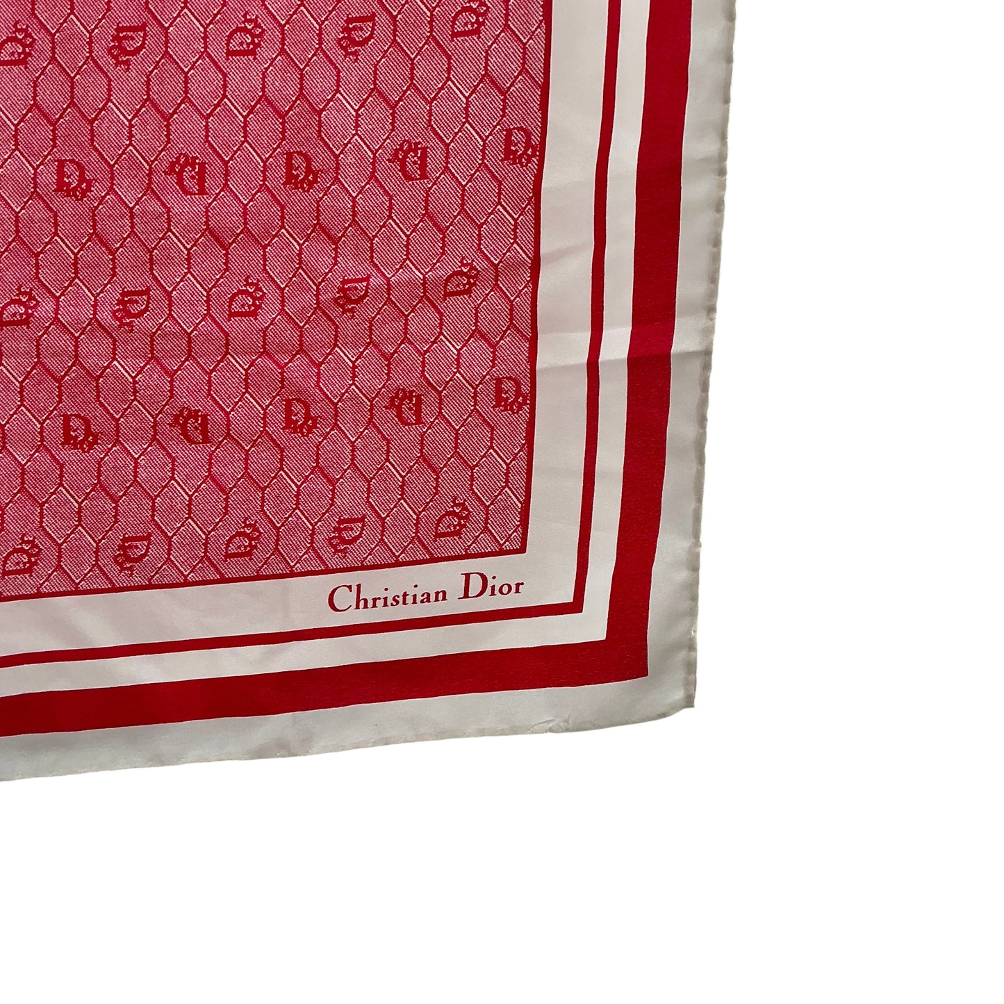 Vintage Christian Dior Red & White Monogram Honeycomb Silk Square Scarf