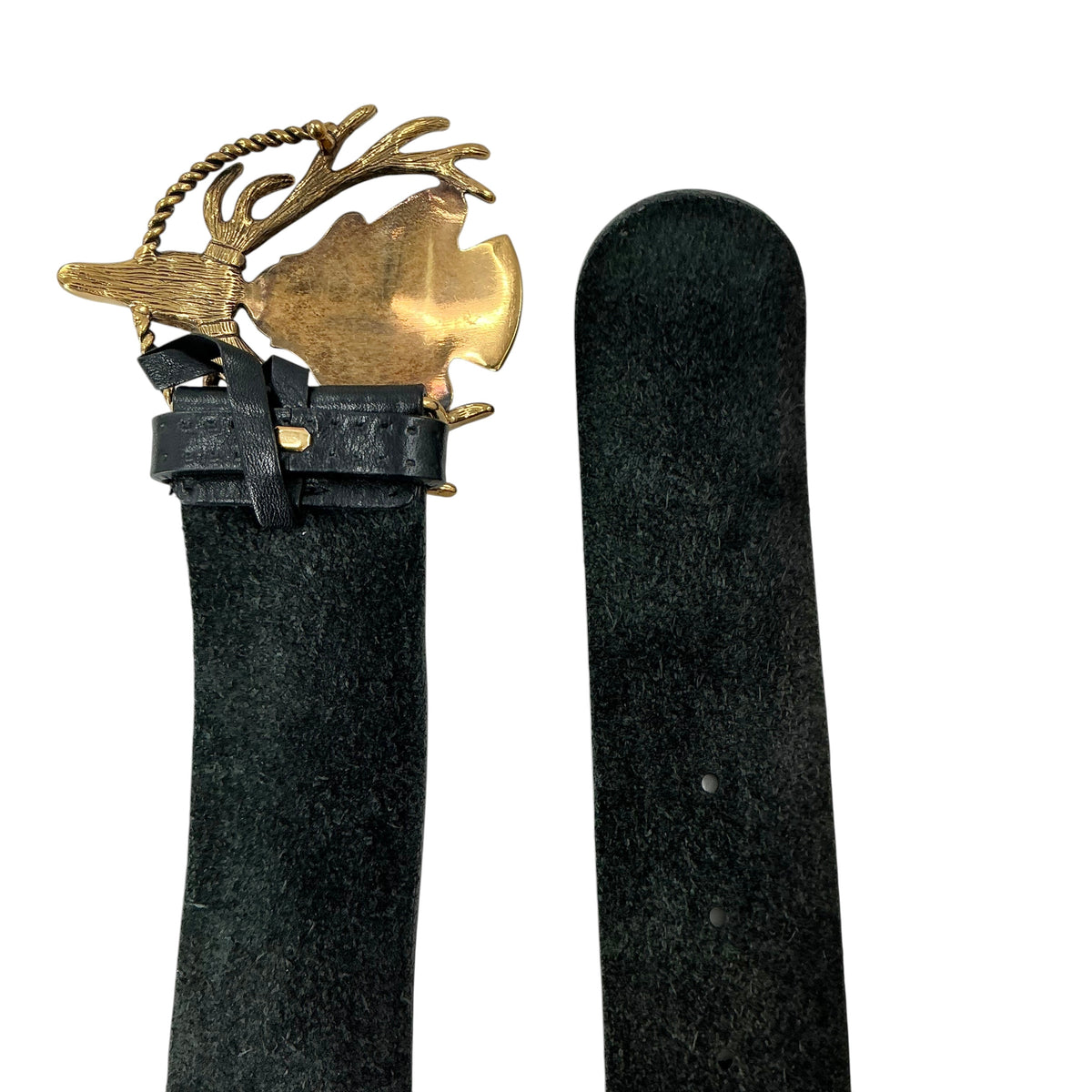 GUCCI "Hysteria" Black Leather Belt with Antiqued Gold Stag Skull Crest Buckle
