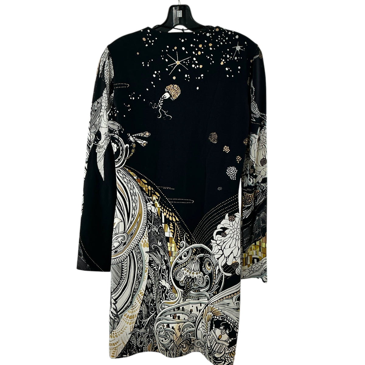 Roberto Cavalli Printed Long Sleeve Jersey Dress Lace Up V-Neck Black Gold
