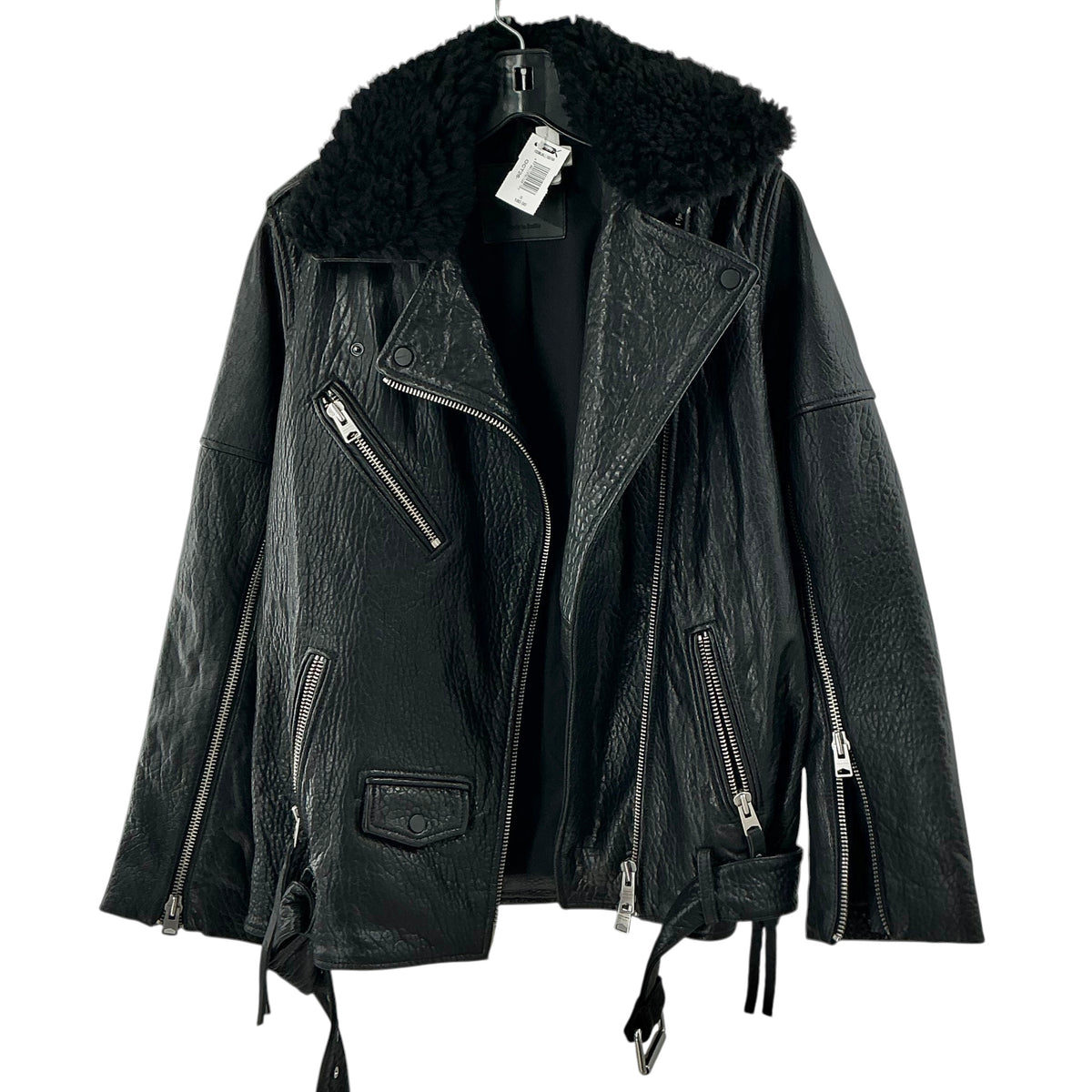 AllSaints Black Textured Sheepskin Leather Moto Jacket Removable Sherpa Collar