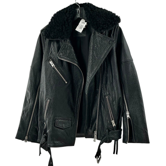 AllSaints Black Textured Sheepskin Leather Moto Jacket Removable Sherpa Collar
