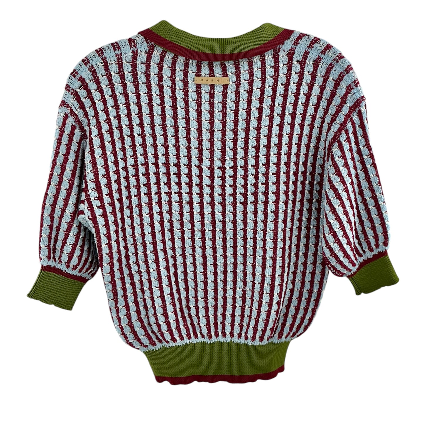 MARNI Cropped Textured Stripe Knit Polo Sweater - Green/Red/Light Blue