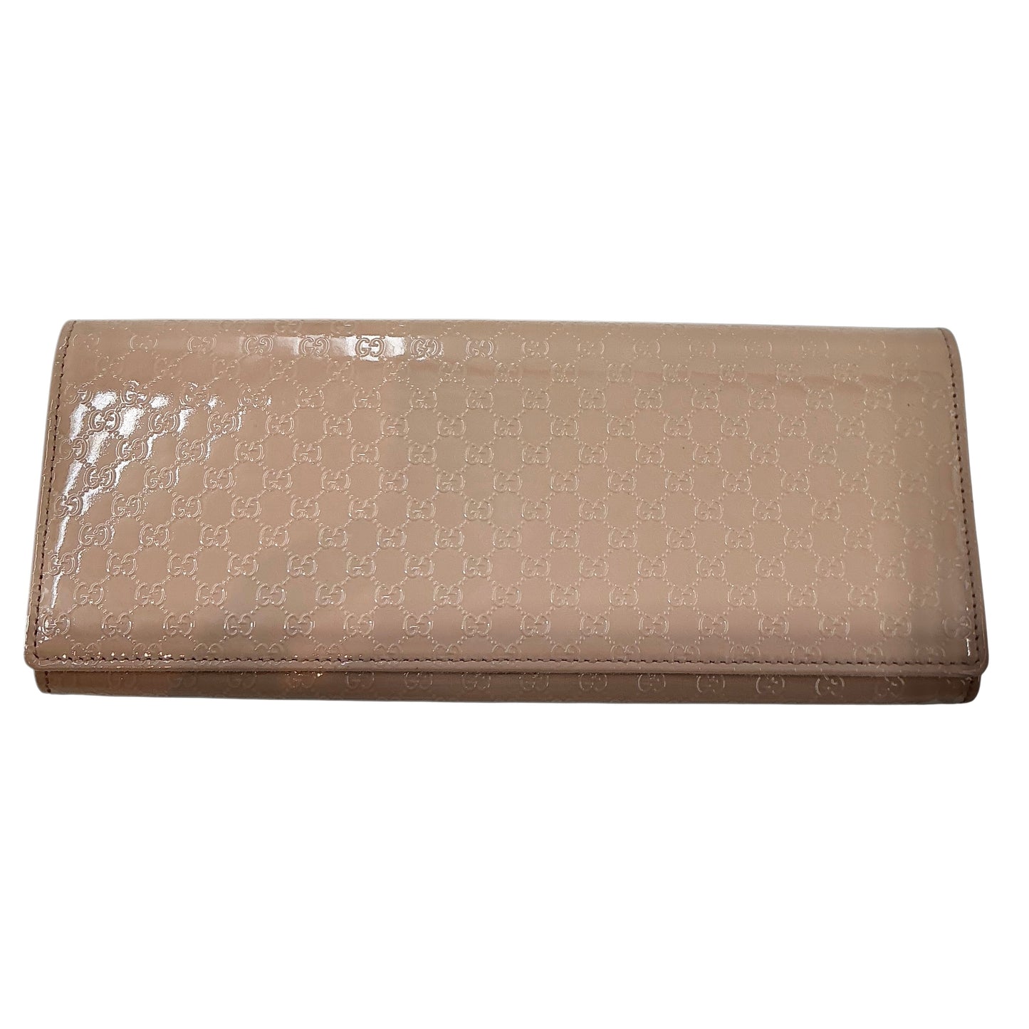 Gucci Beige Nude Micro GG Monogram Broadway Patent Leather Flap Clutch