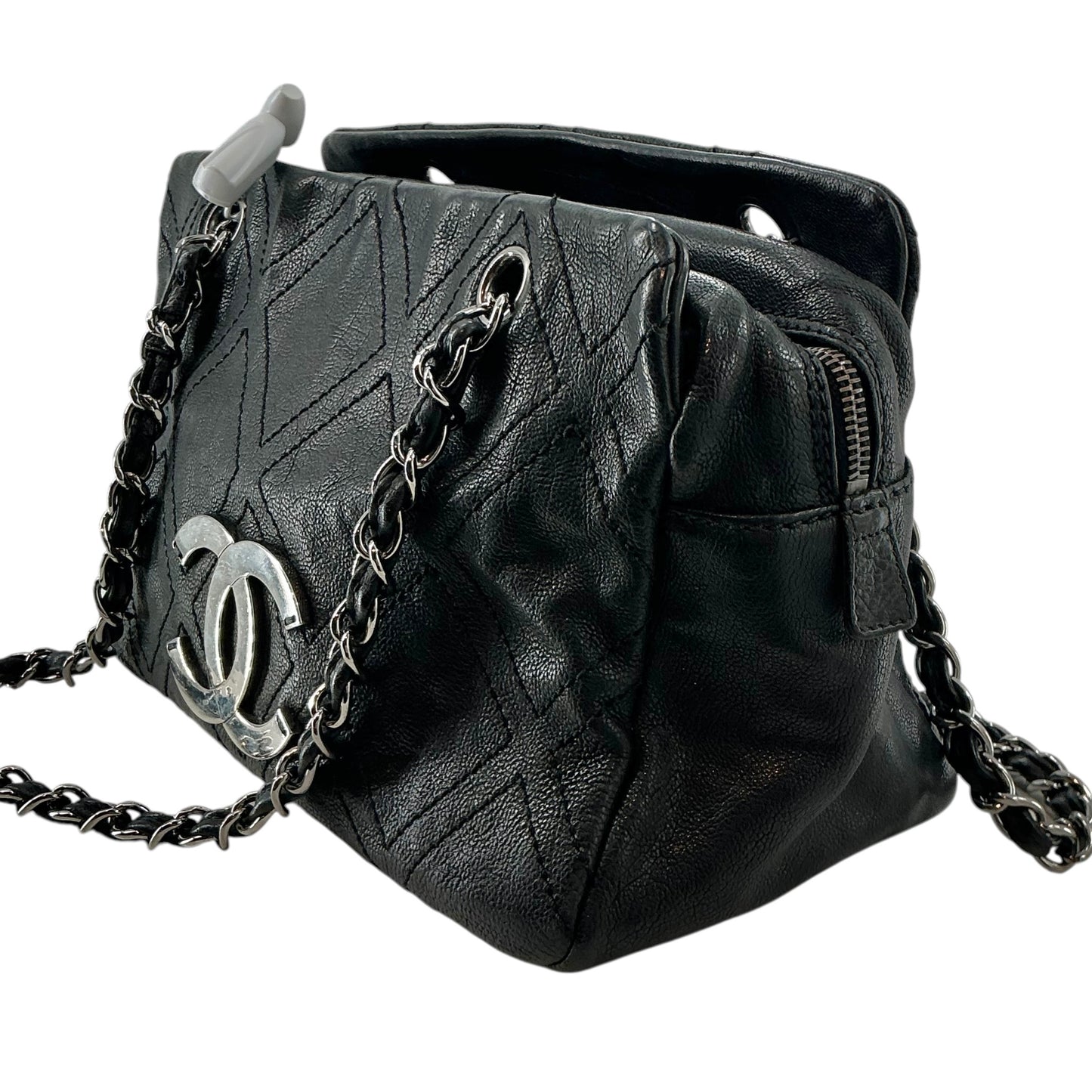 Chanel Vintage Black Diamond Stitch Leather Bowler Bag