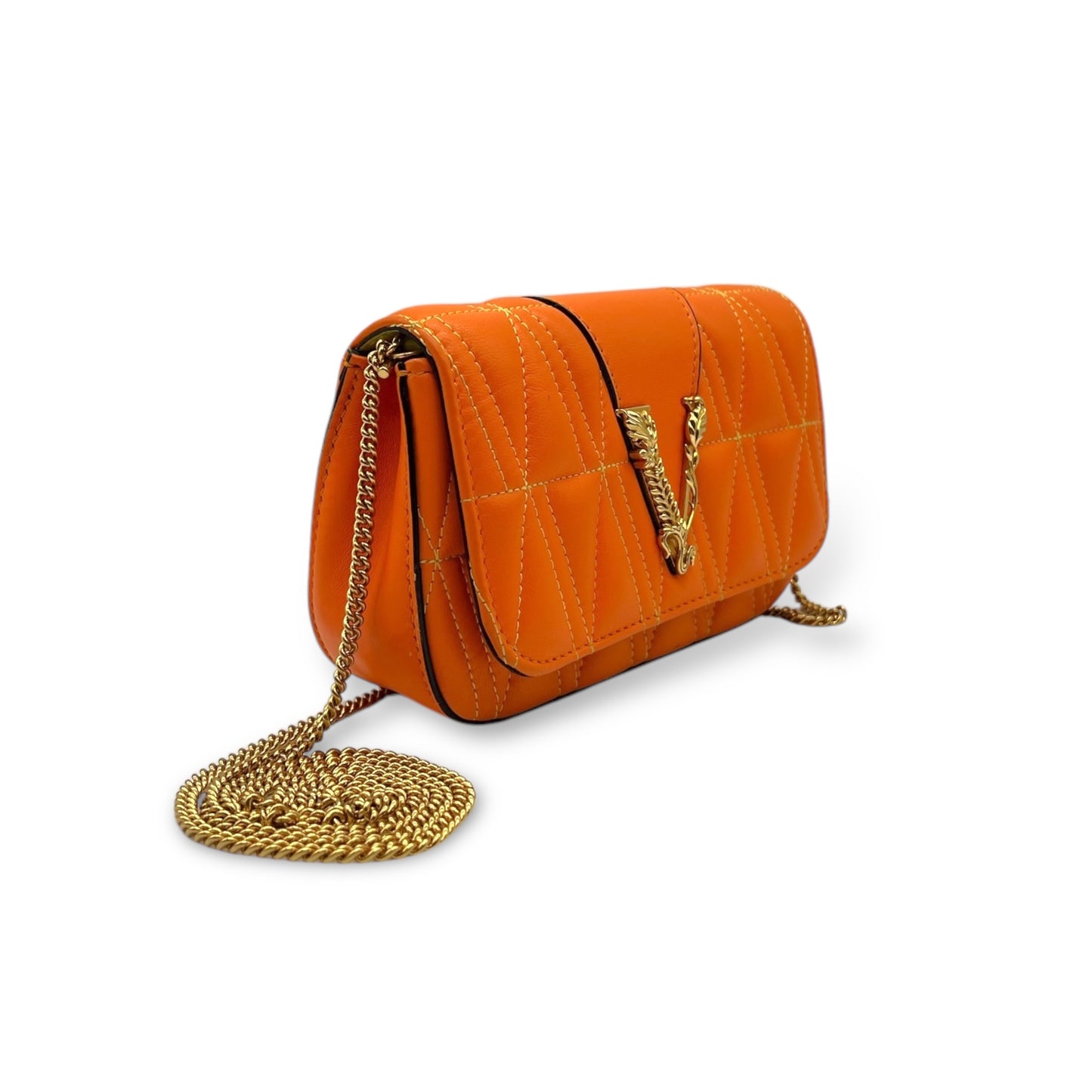 Versace Quilted Leather Mini Orange Crossbody Bag