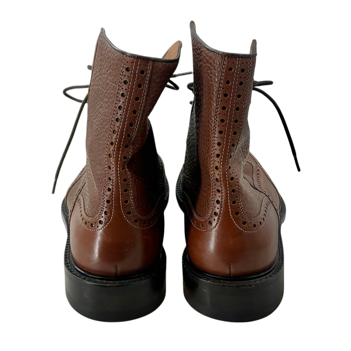 Gucci Men's Tan Brown Pebble Grain Mixed Leather Wingtip Brogue Oxford Lace Up Boots
