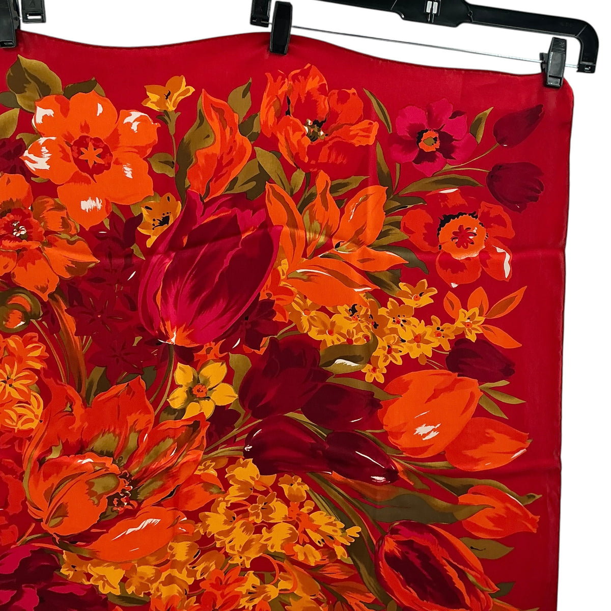 Vintage Yves Saint Laurent Silk Floral Scarf – Vibrant Red, Orange & Yellow Square Foulard