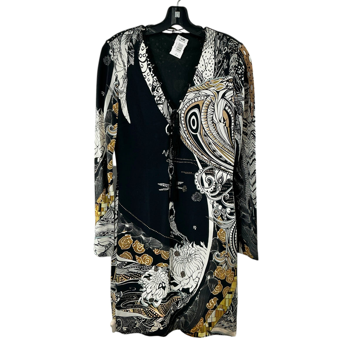 Roberto Cavalli Printed Long Sleeve Jersey Dress Lace Up V-Neck Black Gold