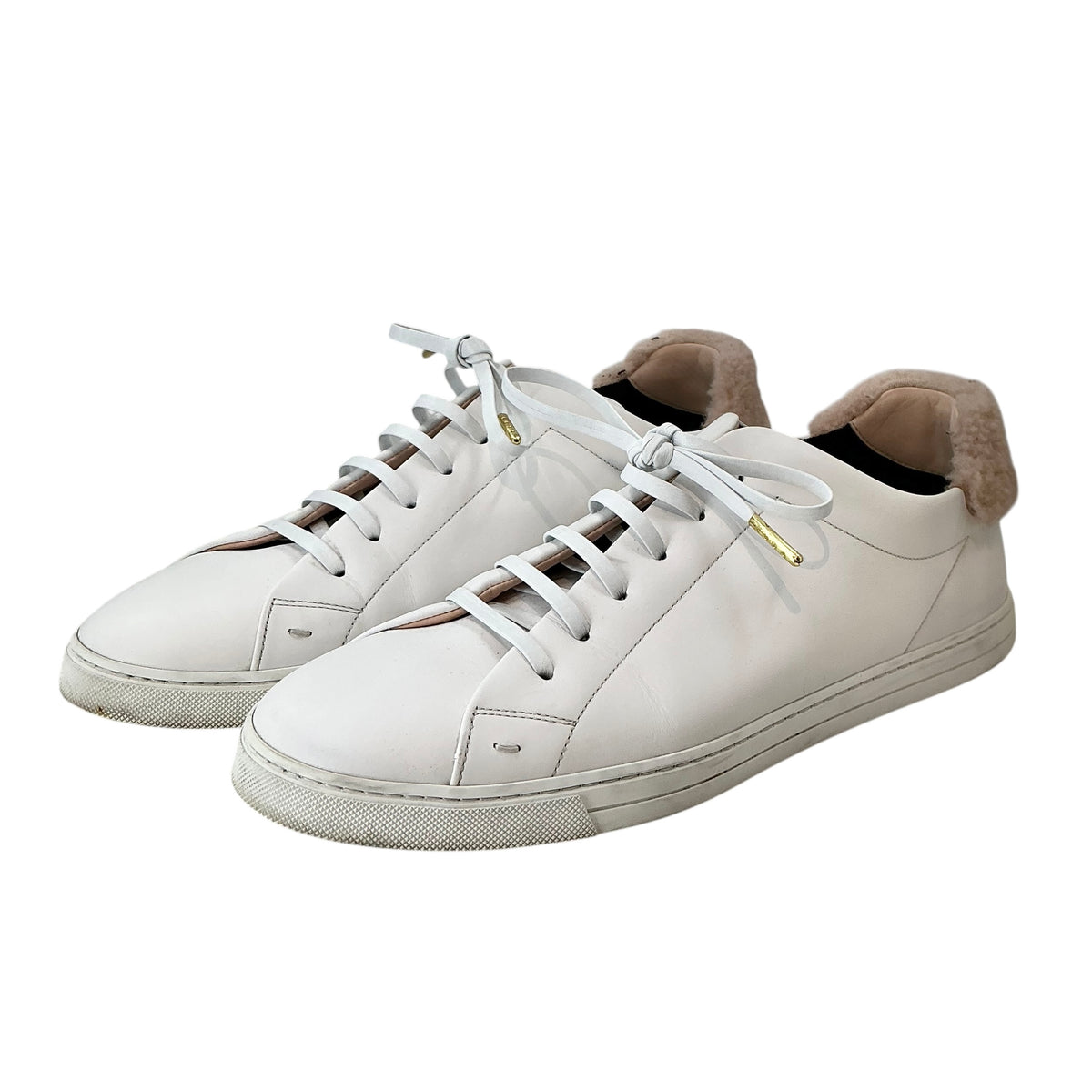 Fendi White Leather Low-Top Shearling Trim Sneakers