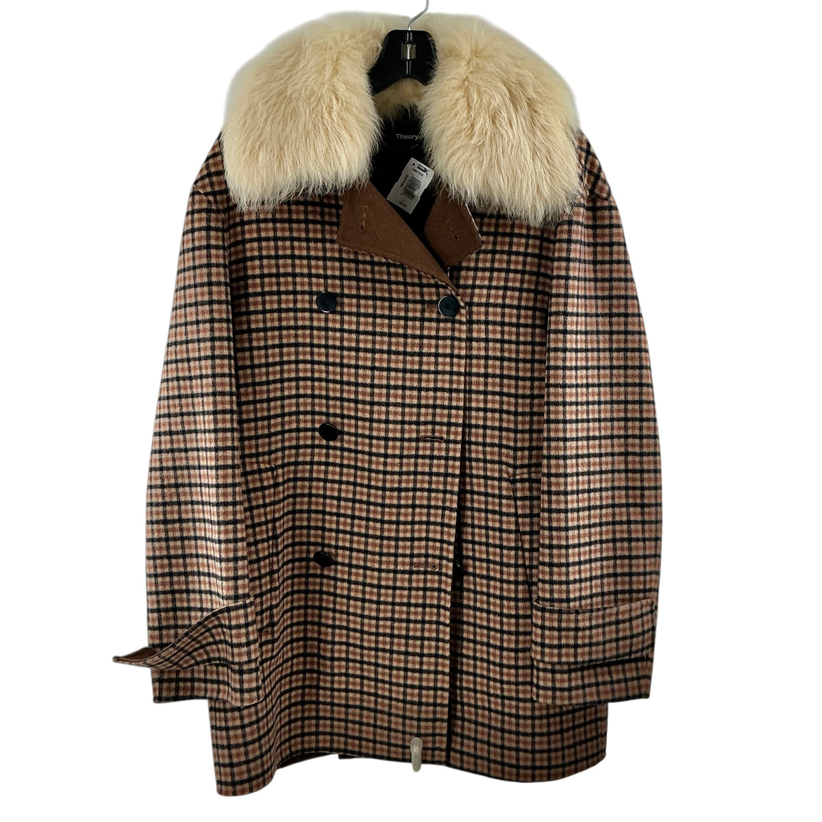 Theory Dorado Plaid Faux Fur Collar Utility Peacoat