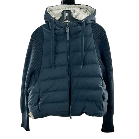 Brunello Cucinelli Hooded Knit-Sleeve Mixed Media Down Jacket Blue