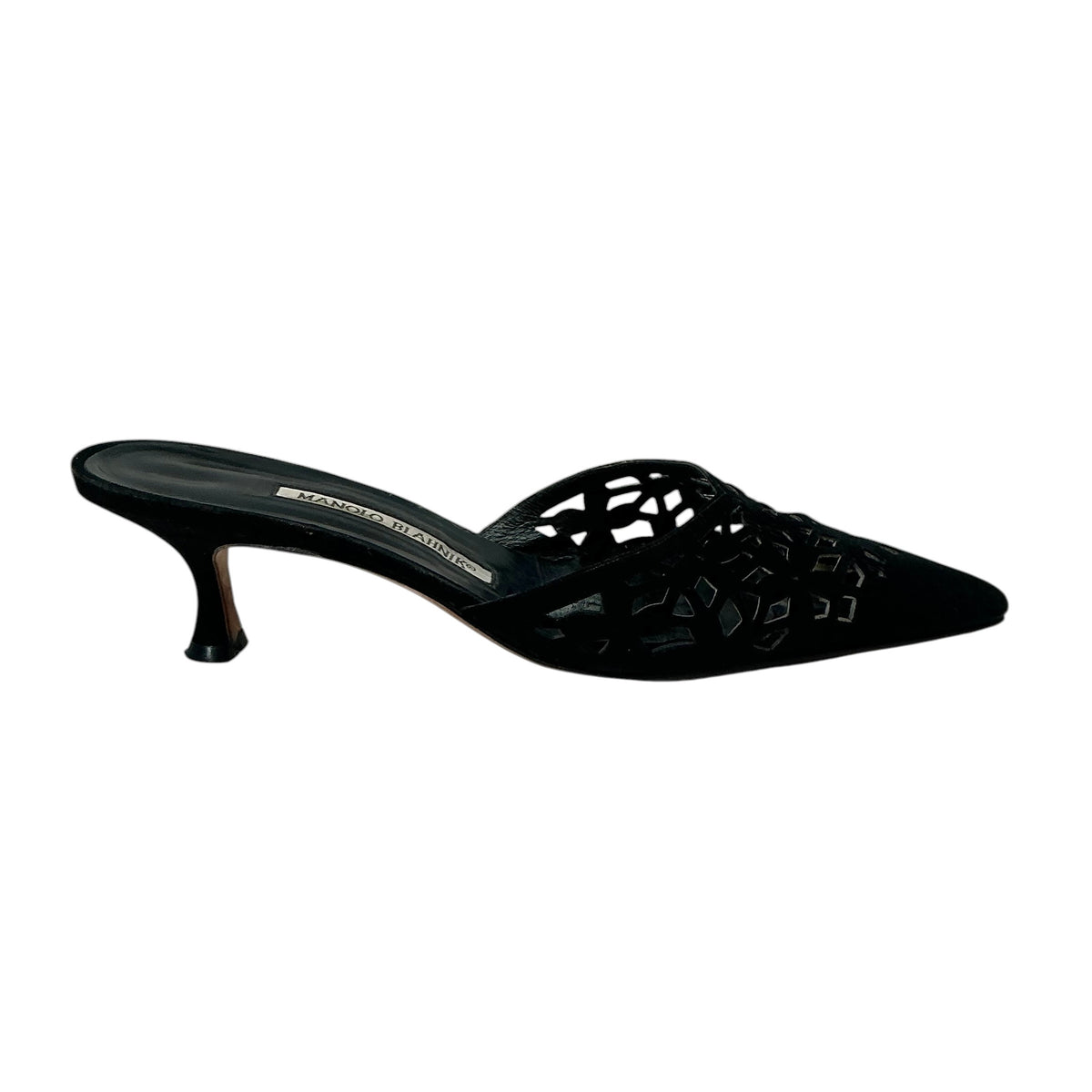 Manolo Blahnik Black Suede Laser Cutout Mules / Kitten Heels