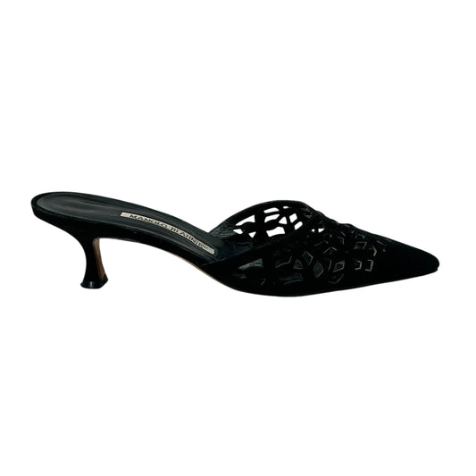 Manolo Blahnik Black Suede Laser Cutout Mules / Kitten Heels