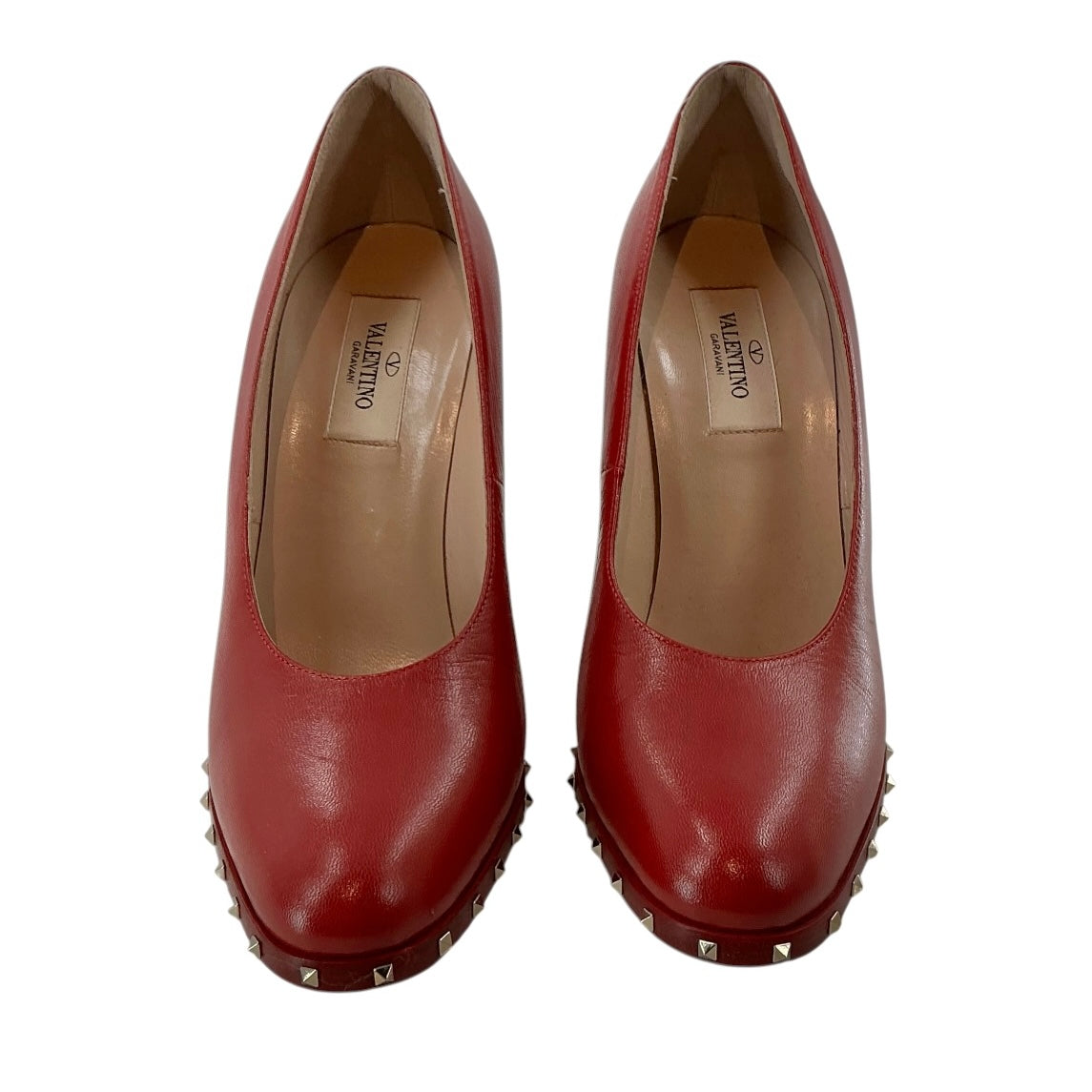 Valentino Garavani Red Leather Soul Rockstud Block Heel Pumps