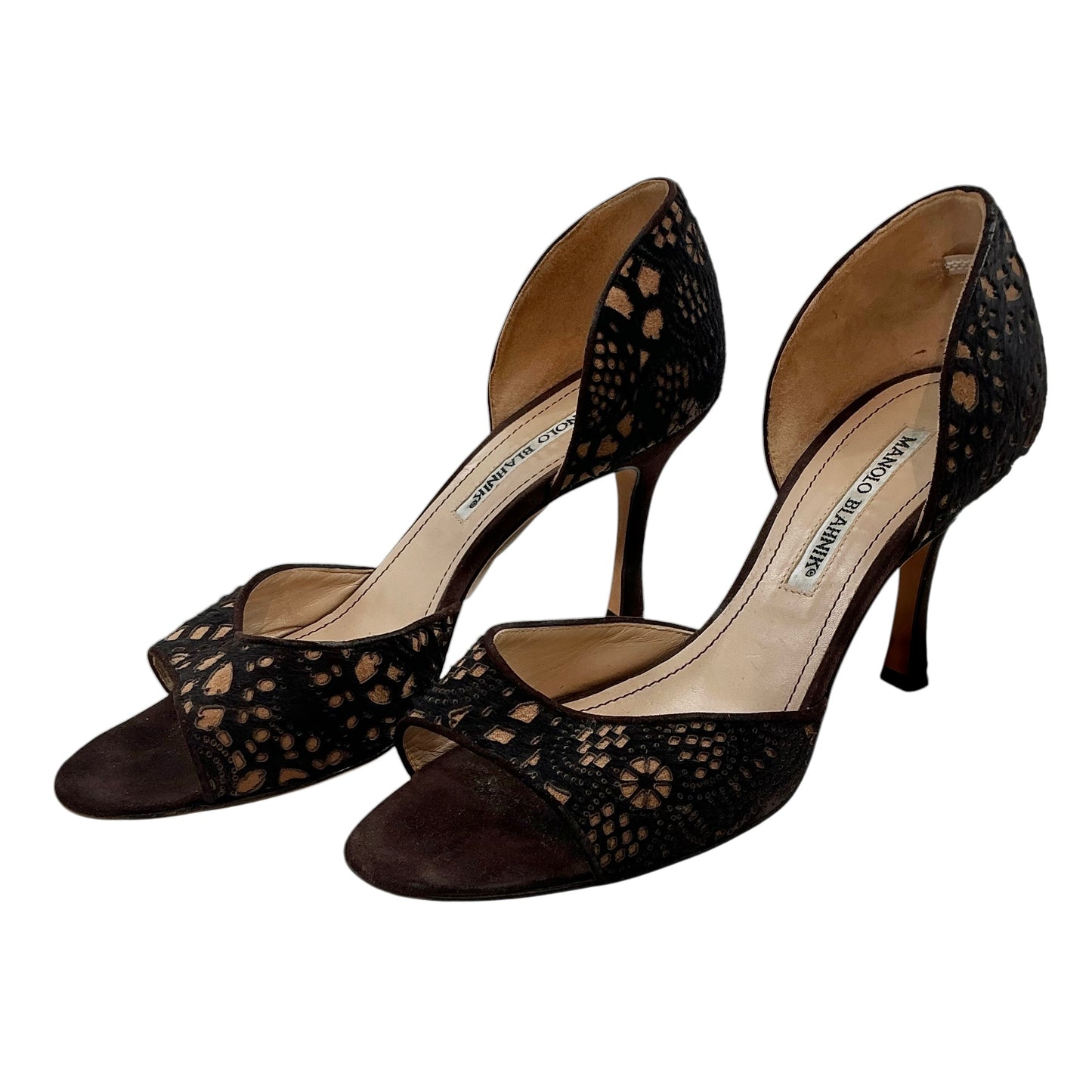 Manolo Blahnik Brown Laser-Cut Suede Lace D'Orsay Peep Toe Heels