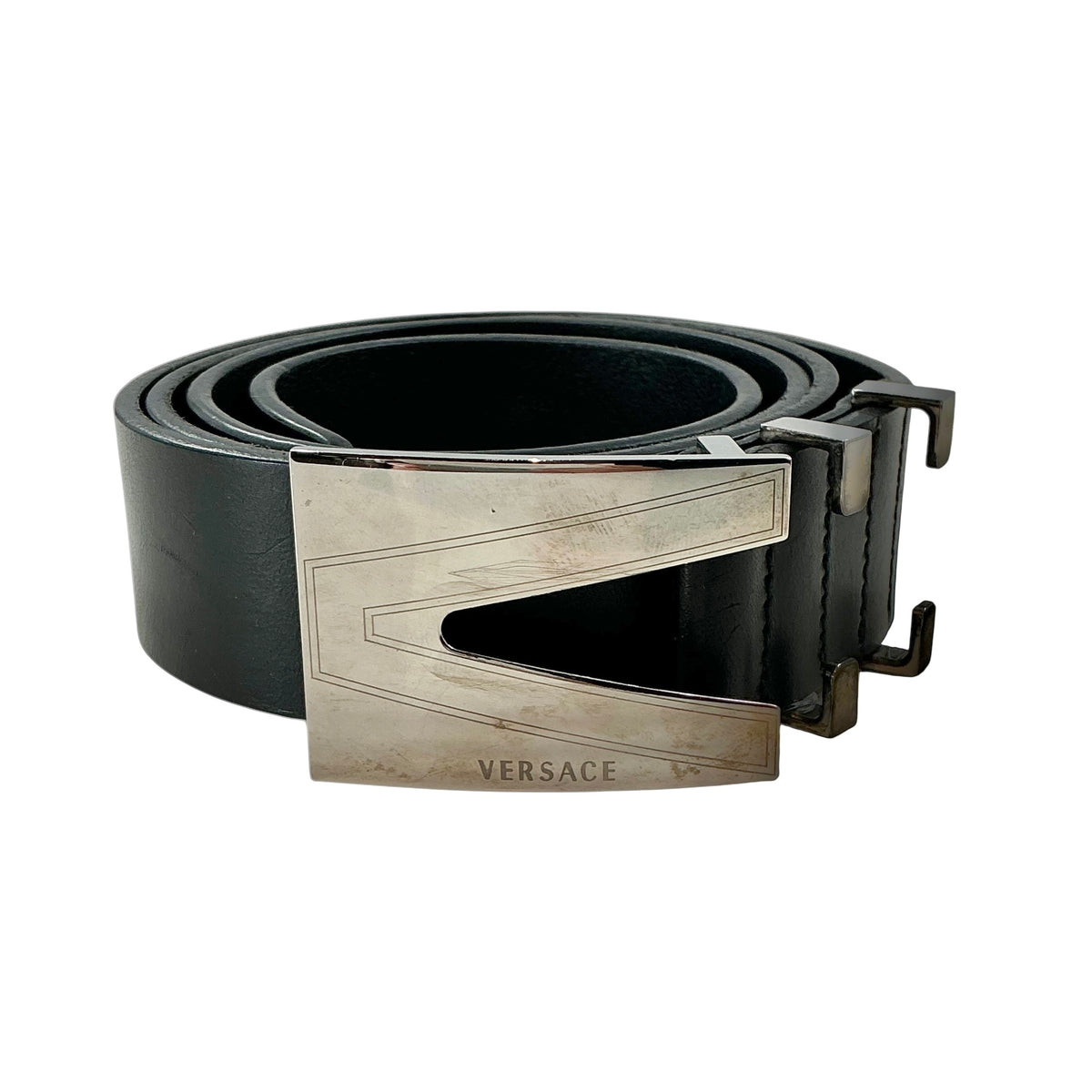 VERSACE Classic Black Leather Belt with Silver V-Logo Buckle