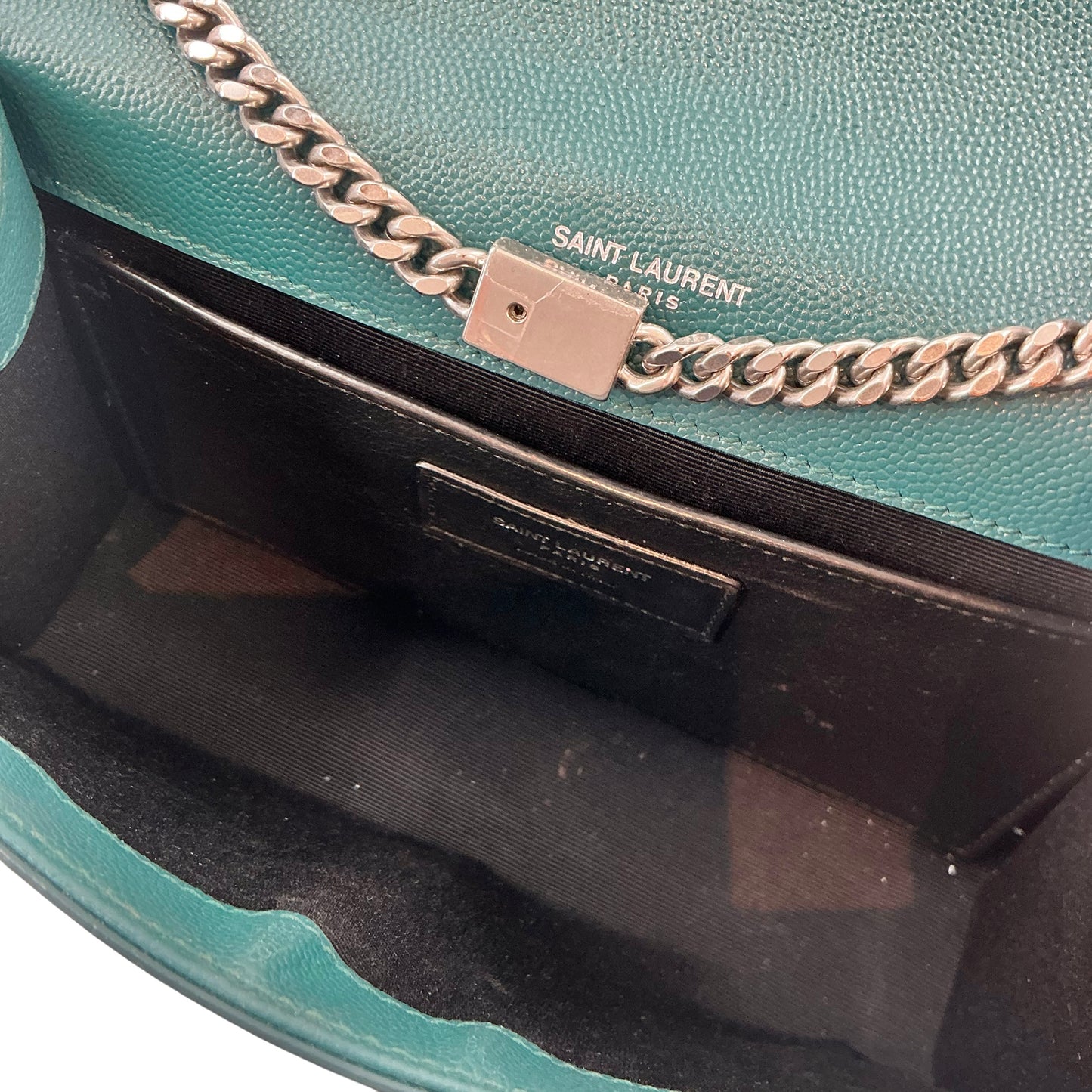 Saint Laurent (YSL) Medium Kate Chain Bag in Teal/Emerald Grain de Poudre Leather with Silver Hardware
