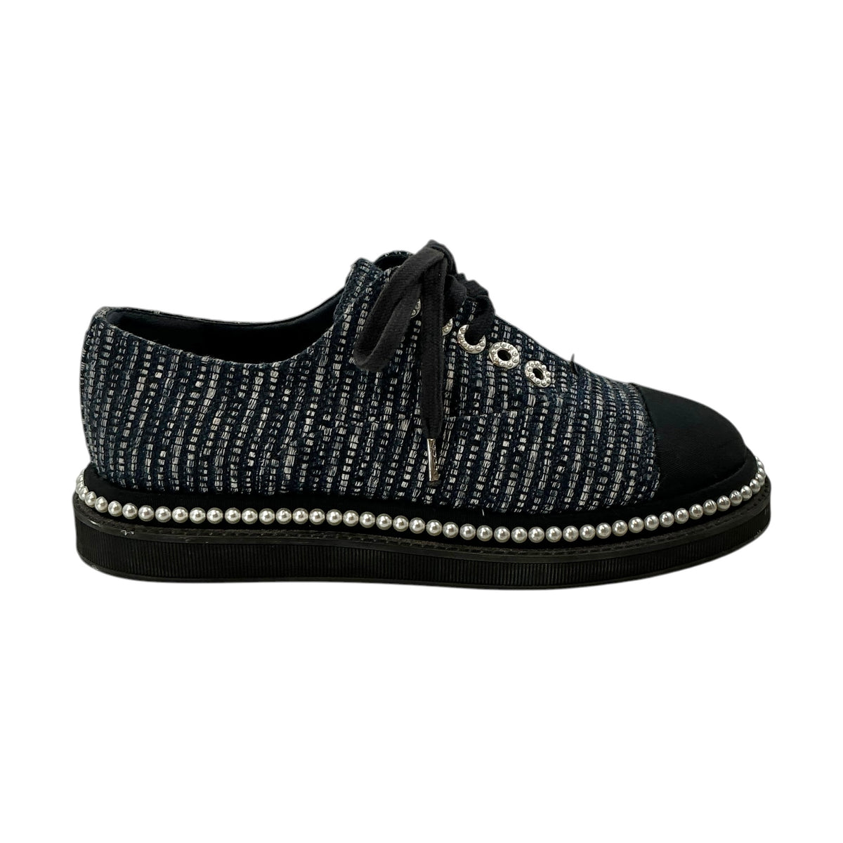 Chanel Navy Tweed & Grosgrain Faux Pearl Derby Oxfords