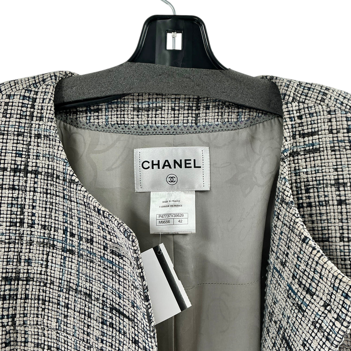 CHANEL Collarless Tweed Jacket Black White Gray Grid Pattern